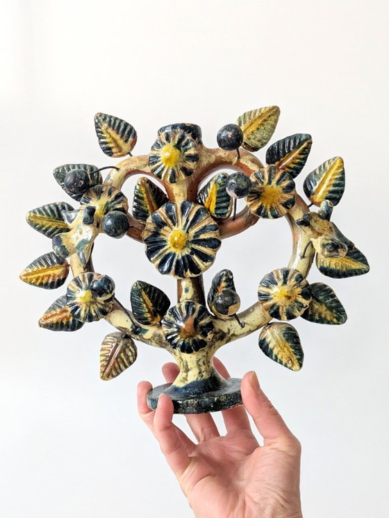 Image 1 of Vintage Mexican Tree of Life Ceramic Candleholder, 1970s Folk Art Candelabra with Birds & Flowers