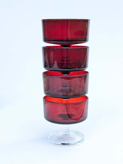 4 x Sherbet Cups by Luminarc | Midcentury Stemmed Red Glasses for Ice Cream, Desserts, or Cocktails