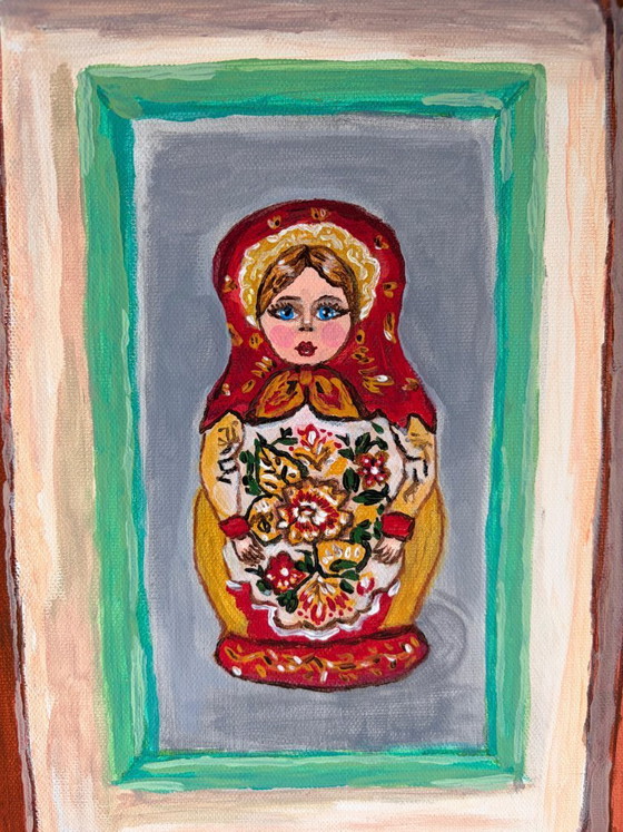 Image 1 of Uniek Handgeschilderd Matroesjka Doll Schilderij - 40x50 cm