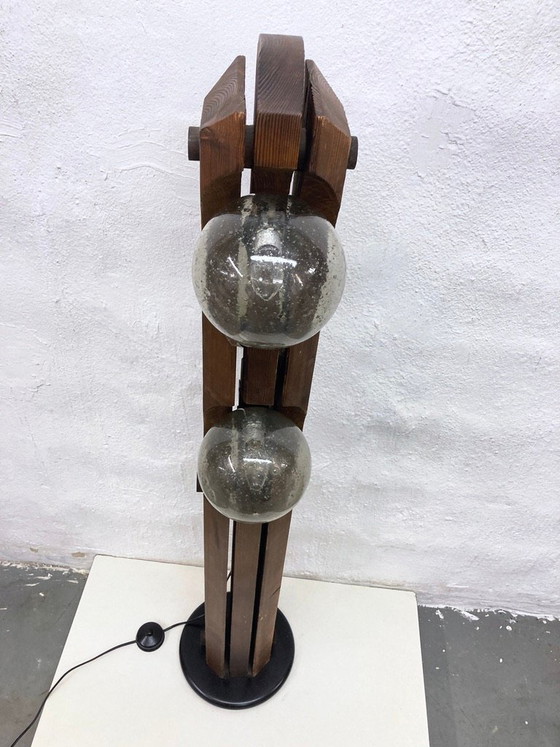 Image 1 of Stehleuchte von Temde aus Holz und Glas dreiflammig 70er brutalistischer Stil