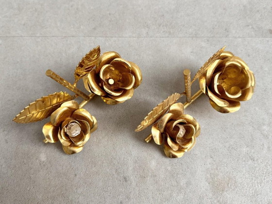 2x Italiaanse Vintage Vergulde Rozen Kandelaars - Hollywood Regency – Kandelaars en kaarsen, Gold, Metal (photo 10 of 10)