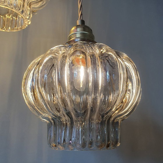 Image 1 of Set of two vintage floral pendant lamps in lantern shape. Mid Century