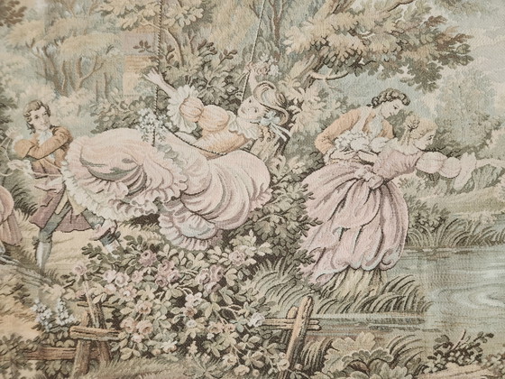 Frans wandtapijt in de stijl van Aubusson/Vlaanderen. Galante scène in een tuinlandschap, "Fêtes galantes", (photo 6 of 14)