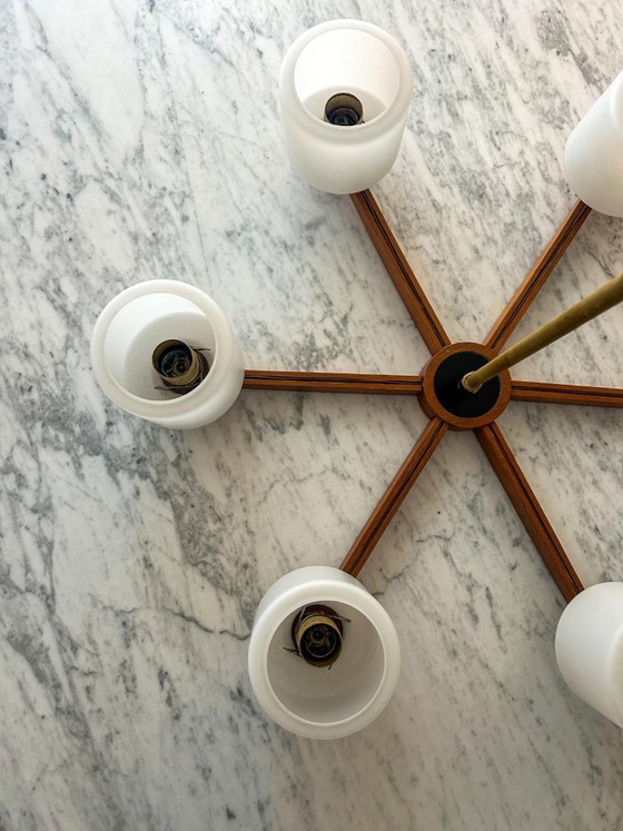 Vintage Mid Century Modern Teak Pendant Lamp Large Teak Frosted Glass – Wood (photo 6 of 14)