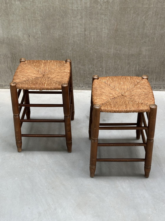 Image 1 of Ensemble de 2 tabourets en bois avec assise en jonc, années 1960