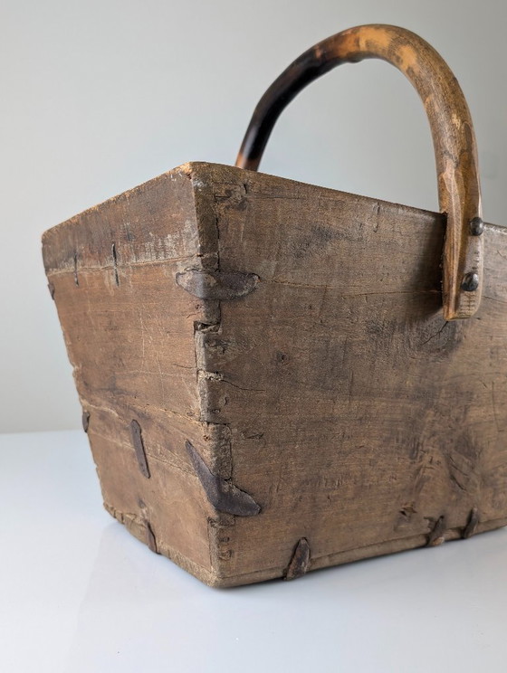 Image 1 of Antique Wooden Log Basket with Hand-Forged Hardware, Wabi-Sabi, 19th Century