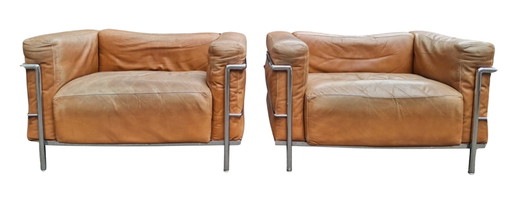 Le Corbusier Original Early Cassina LC3 Armchairs (Pair) – 1970s Vintage – Cognac Leather – Serial Nos. 0768 & 0776