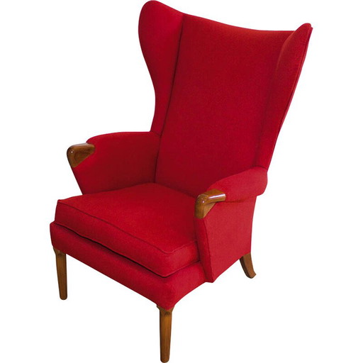 Poltrona vintage modello 757 con schienale alto in legno di quercia e tessuto rosso di Parker Knoll nel Regno Unito, 1960
