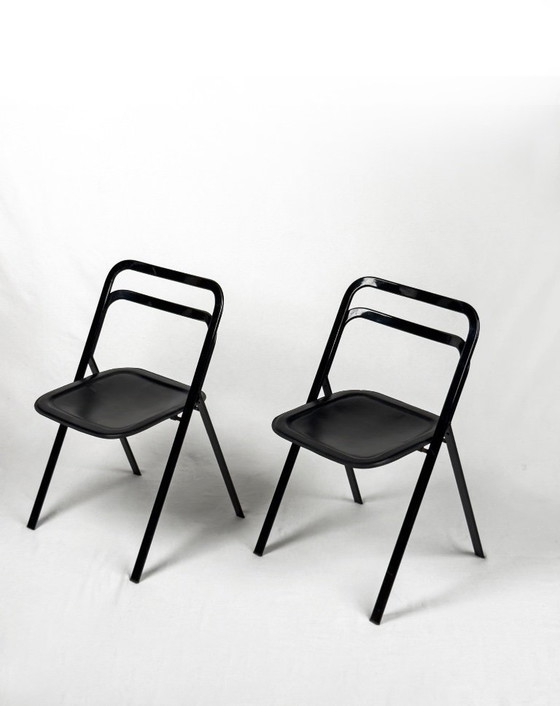 Image 1 of 4x Black metal and leather “Clio” folding chairs by Giorgio Cattelan