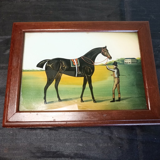 Boîte Vintage en Bois pour Cartes/Bijoux avec Peinture sous Verre Cheval