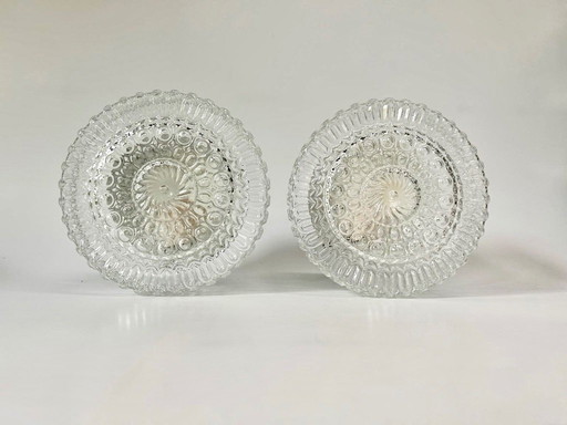 Set van 2 Vintage Plafondlamp Helder Rond Bewerkt Glas Seventies