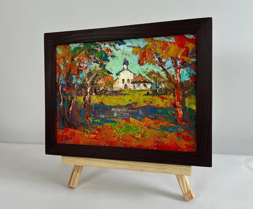 Original Oil Painting Autumn Church Landscape Autumn bell ringing of the church tower