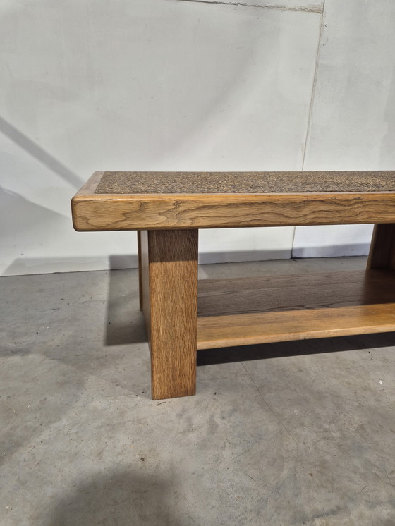 Image 1 of Tavolino da caffè in legno di quercia in stile giapponese con piano in ciottoli