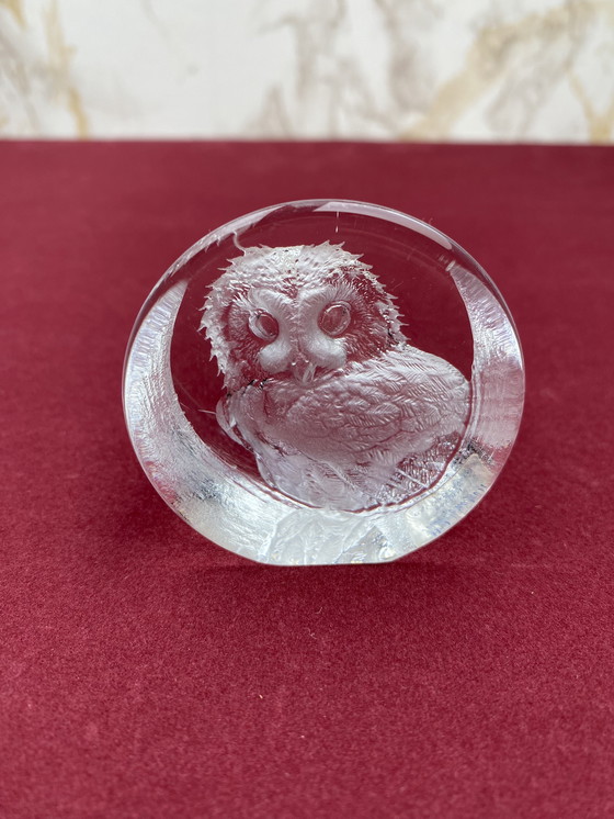 Image 1 of Swedish Mats Jonasson Lead Crystal Owl Glass Sculpture / Paperweight With Label And A Signature / Vintage Art & Collectibles