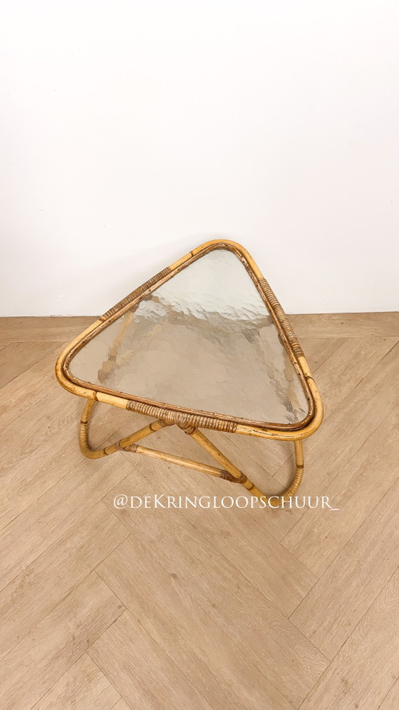 Tavolino triangolare vintage, Rohé Noordwolde, Tavolini, Vetro, Bambù, Marrone (foto 2 di 5)