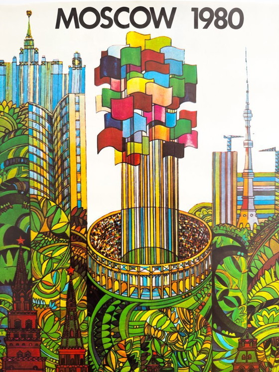 Image 1 of 🏅 Moscow 1980 – Original Olympics Poster by V. Davidov (Spanish Sponsor Edition) – 1980 | 61 x 41cm