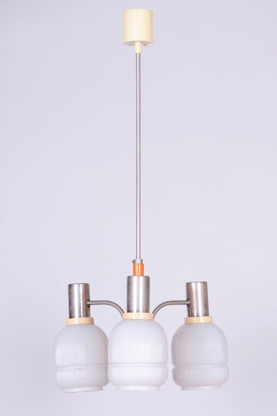Restored Mid-Century Chandelier, by Drukov, Chromed Steel, Glass, Czech, 1970s – Metal (photo 3 of 11)