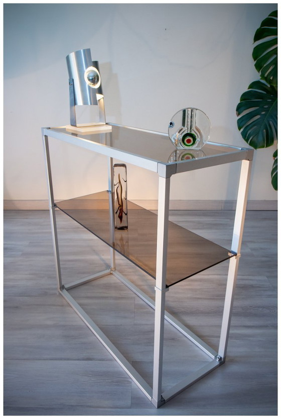 Image 1 of Aluminum and smoked glass console/shelf, 1970-80