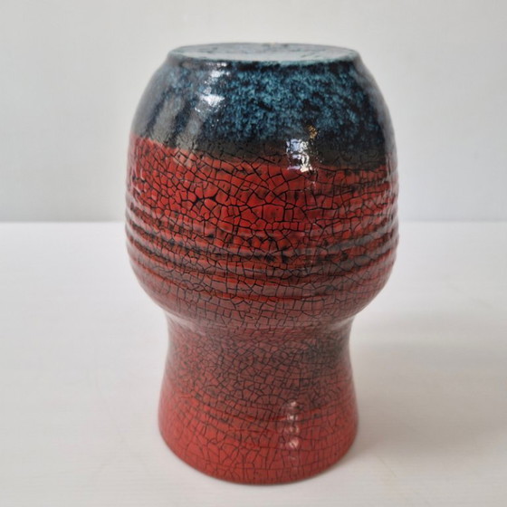 Image 1 of Vintage Accolay Crackle Glaze Ceramic Vase, Red & Blue, 1960s, Signed Accolay, 60s