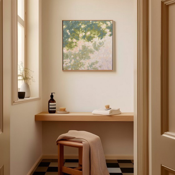 Image 1 of Zonlicht door groen gebladerte, reproductie op canvas, 80x80 cm, Sandra Kolondam