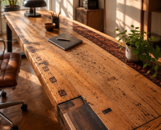 One-of-a-Kind Designer Desk | 100-Year-Old Carpenter’s Workbench | Solid Wood & Epoxy Resin – Consoles (photo 4 of 5)