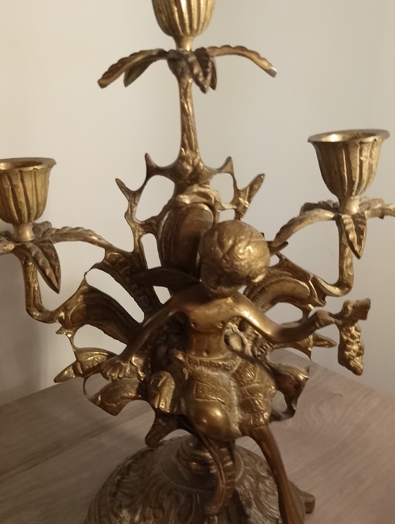 Image 1 of Rara coppia di candelabri in bronzo massiccio del XIX secolo con ninfe, segni di lima, marchio di fonderia, fusione in sabbia