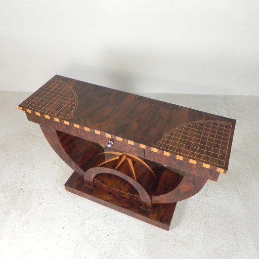 Art Deco stijl consoletafel met verschillende soorten ingelegd hout