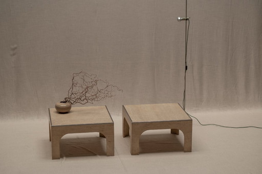 Architectural set of travertine coffee tables, after Willy Ballez