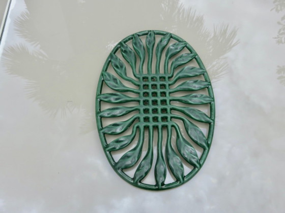 Image 1 of Large oval green enameled cast iron trivet, France, 1960s
