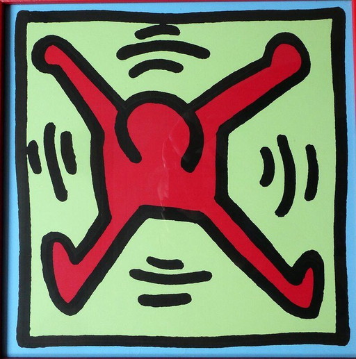 Rare multiple by Keith Haring, screen print, clock, behind glass, wooden frame, Playboy figures 1996, limited edition