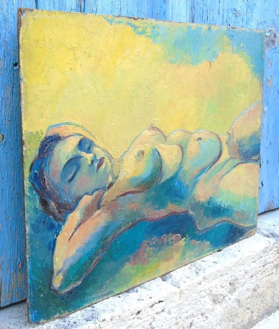 Image 1 of Origineel vintage olieverfschilderij "Nu Couché" Expressionistische liggende naaktfiguur op paneel