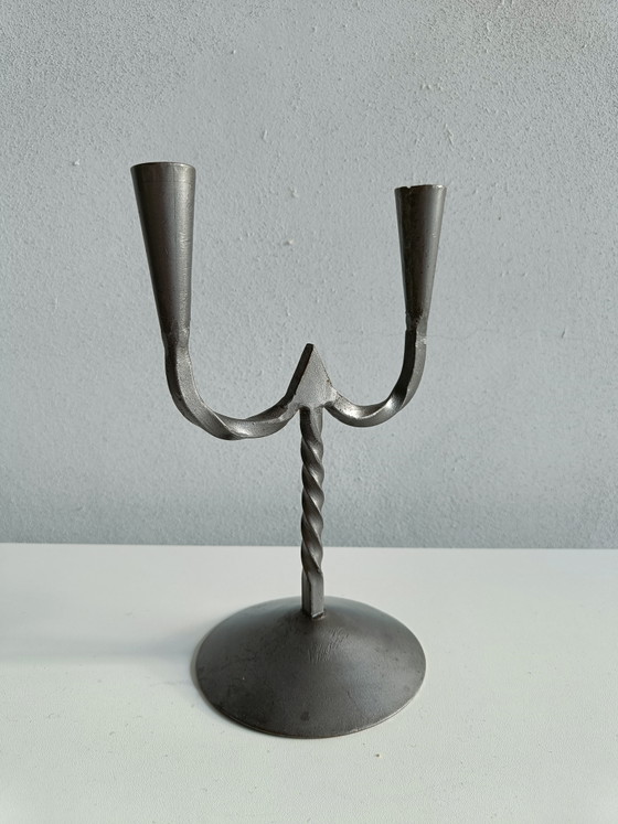 Image 1 of Hand-forged brutalist steel candlestick – double candle holder – artisan wrought iron