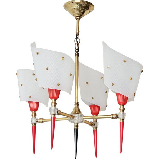Lampe suspendue vintage en laiton et plastique 1950s