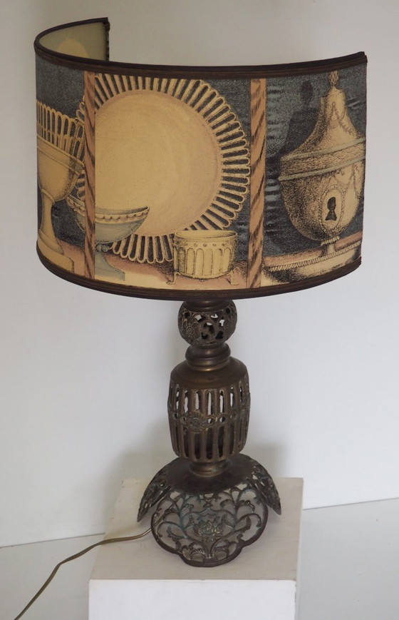 Image 1 of Large Filagree bronze table lamp/shadow Fornasetti fabric