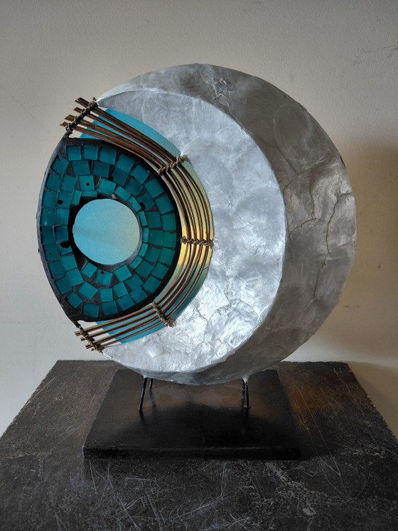 Vintage Table Lamp Of Blue Mosaic Glass, Wood And Mother-of-Pearl – Textile (photo 2 of 5)