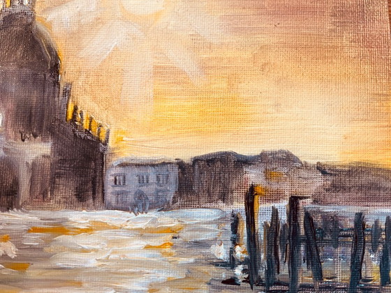 Image 1 of Signed oil painting on canvas, Venice landscape "Santa Maria" at sunset