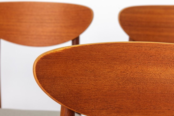 Image 1 of Vintage Danish Teak Dining Chairs, Set of 4, 1960s Scandinavian Mid Century Chairs, Newly Upholstered Light Grey Seats, Denmark