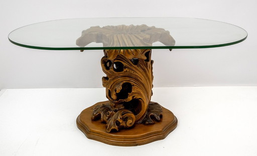 Mid-Century Modern Italian Carved Wood Base Large Curls and Leaves Coffee Table