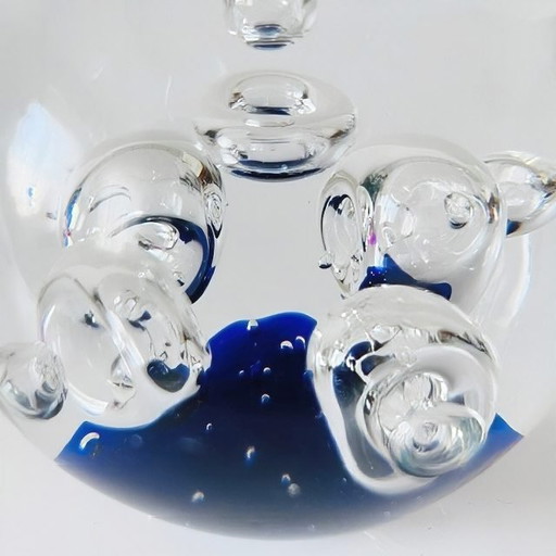 Pisapapeles esférico grande de cristal vintage, cristal, burbujas de aire, azul