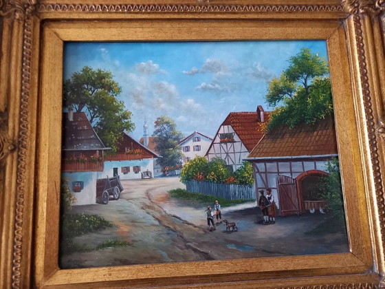 Image 1 of ORIGINAL Ölgemälde auf Holzplatte inkl. Rahmen | Fachwerkhäuser/Dorf | Signiert