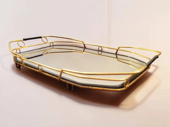 Vintage mirror plateau with gallery – Table accessories, Metal, Rattan (photo 5 of 8)