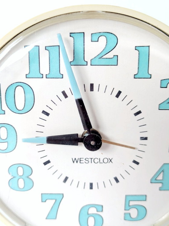 Image 1 of Vintage 1970s Westclox Alarm Clock | Cream and Turquoise, Made in USA
