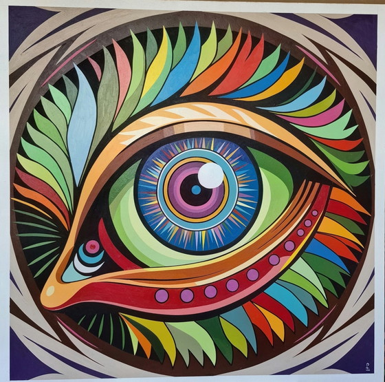 Colorful large abstract Bird's Eye painting 94 x 94 cm – Paintings & Drawings, Mdf (photo 2 of 5)