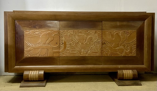 Exceptional French Brutalist Solid Wood Sideboard with Sculpted Doors, 1950s