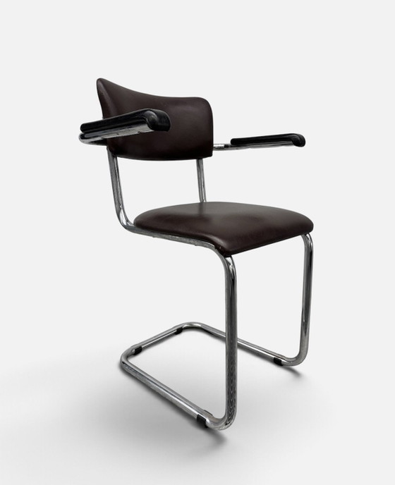 1970s brown leather Tubax tubular frame chair, Armchairs, Metal, Chrome, Black (photo 2 of 6)