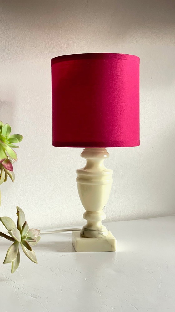 Image 1 of Vintage Marble and Fuchsia Fabric Lamp