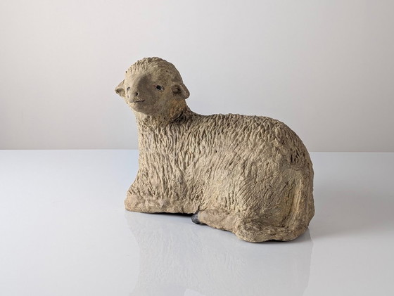Image 1 of Pair of Large Stucco Sheep Sculptures, Early 20th Century, Farm Animals