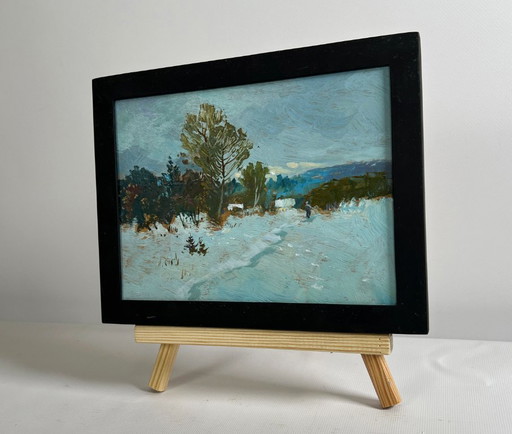 Origineel olieverfschilderij: Winterlandschap, winterse schemering