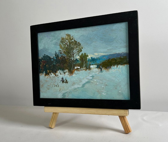 Image 1 of Origineel olieverfschilderij: Winterlandschap, winterse schemering