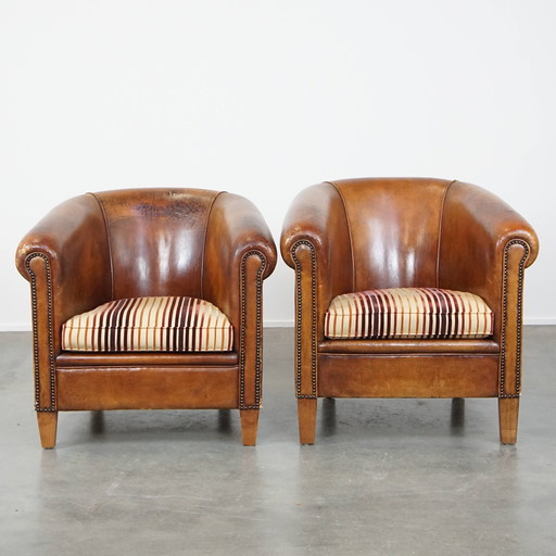 2 x Cognac-colored Vintage Sheepskin Leather Club Armchair